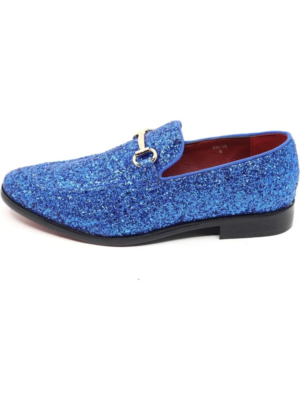 Metrocharm Men's Blue Glitter Rubber Velvet Loafers Gold Buckle Slip On Shoes